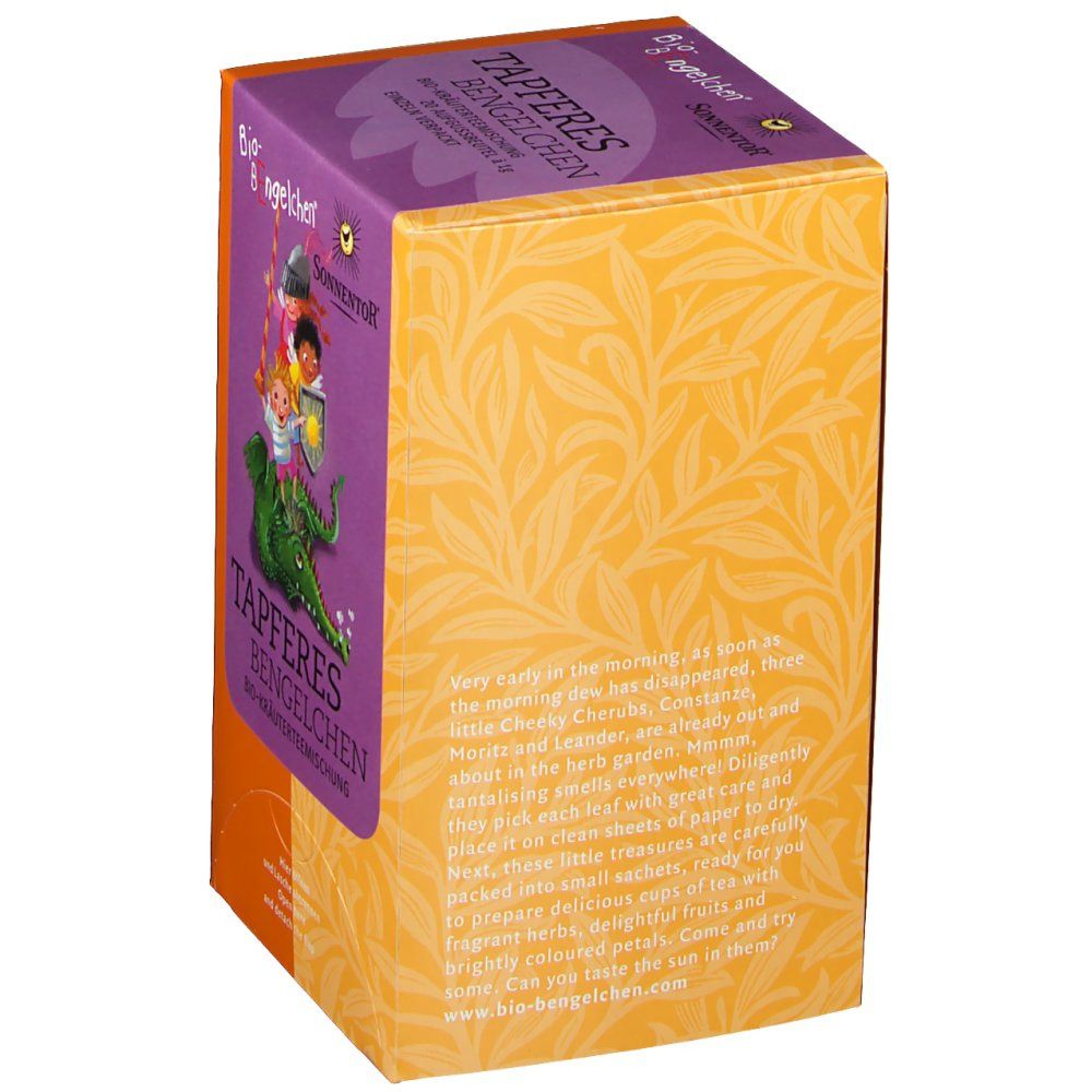 Verpackung mit floralem Muster. Aufdruck: Tapferes Bengelchen Tee, Kinder auf Drachen. SonnentoR Logo. Text in Deutsch.