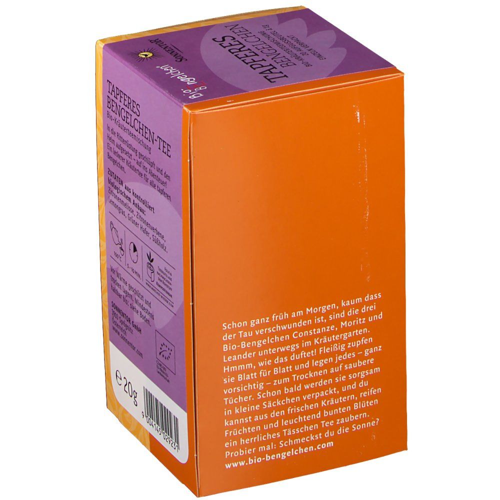 Verpackung mit Text in Deutsch. Aufdruck: Tapferes Bengelchen Tee. SonnentoR Logo. Bio-Siegel. Inhalt: 20g.