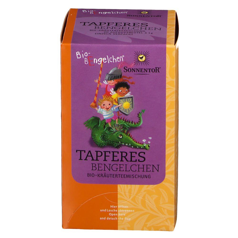 Orangefarbene Verpackung mit lila Deckel. Aufdruck: Tapferes Bengelchen Tee, Kinder auf Drachen. SonnentoR Logo.