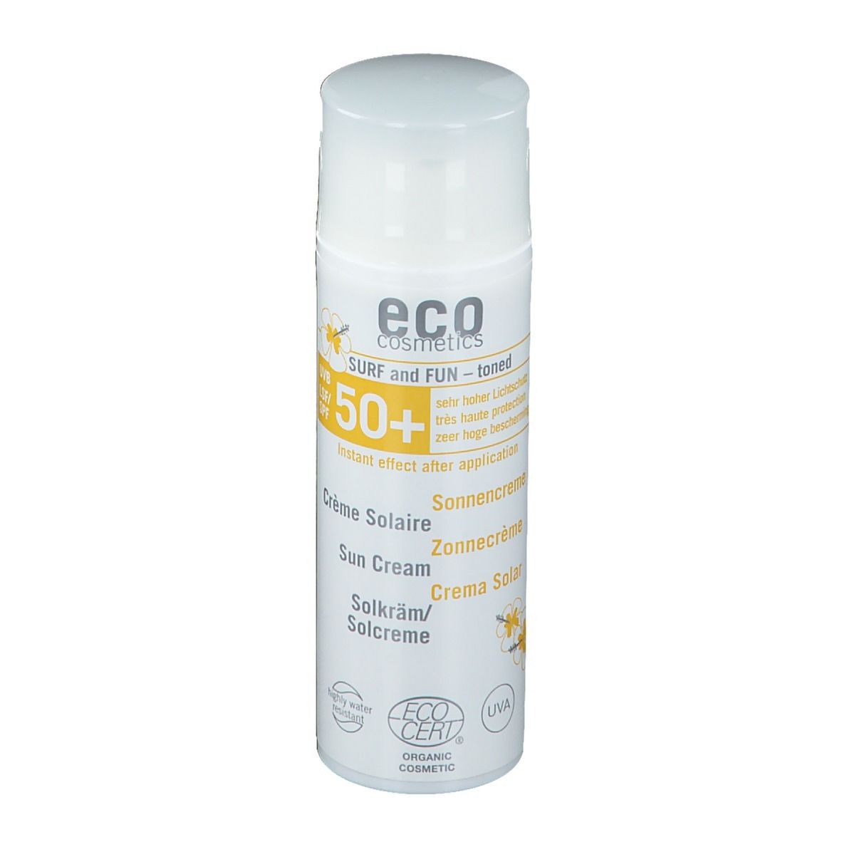 Weiße Sonnencreme-Flasche mit gelben Akzenten. Text: "eco cosmetics", "SPF 50+", "Crème Solaire".
