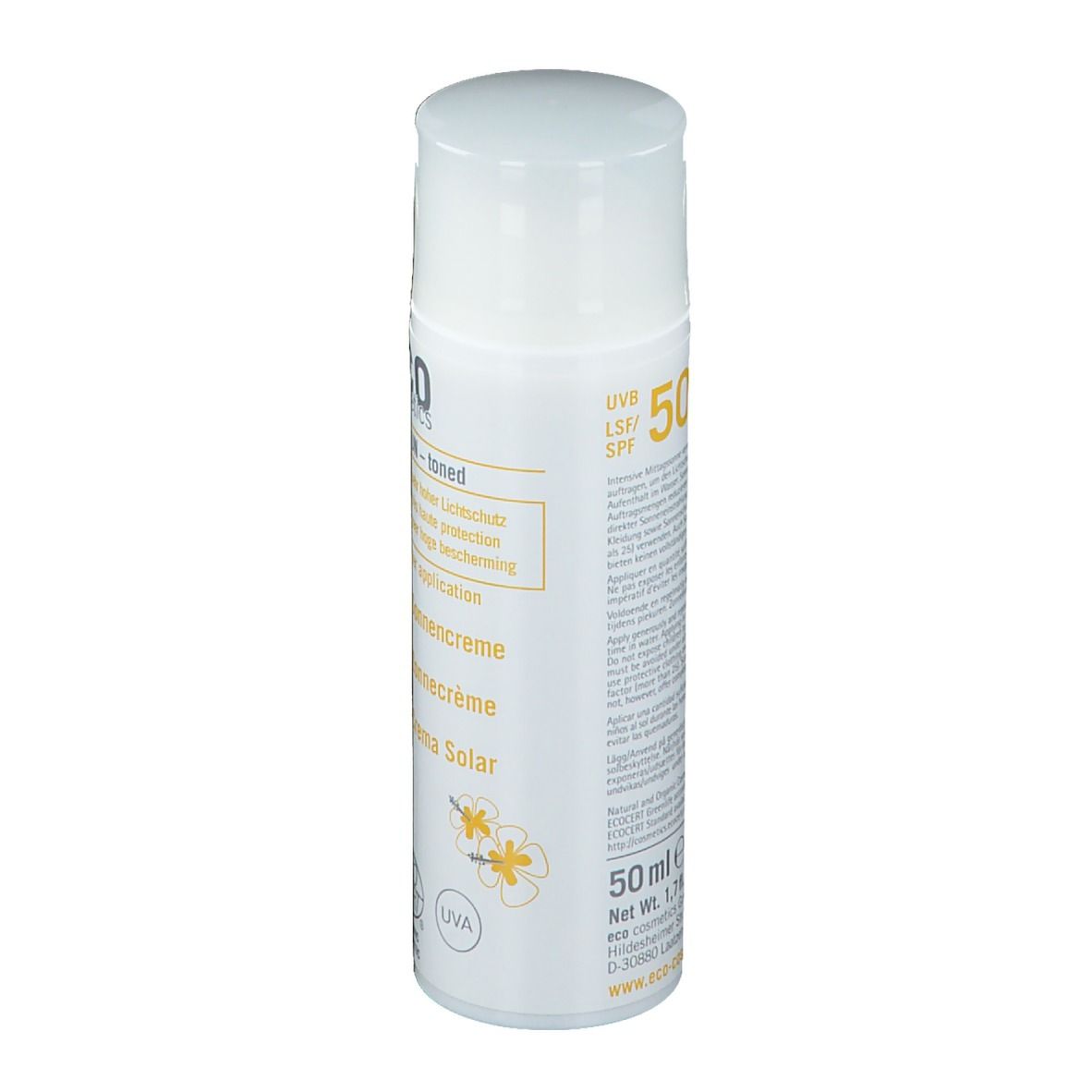 Weiße Sonnencreme-Flasche mit gelben Akzenten. Text: "eco cosmetics", "SPF 50+", "50 ml".