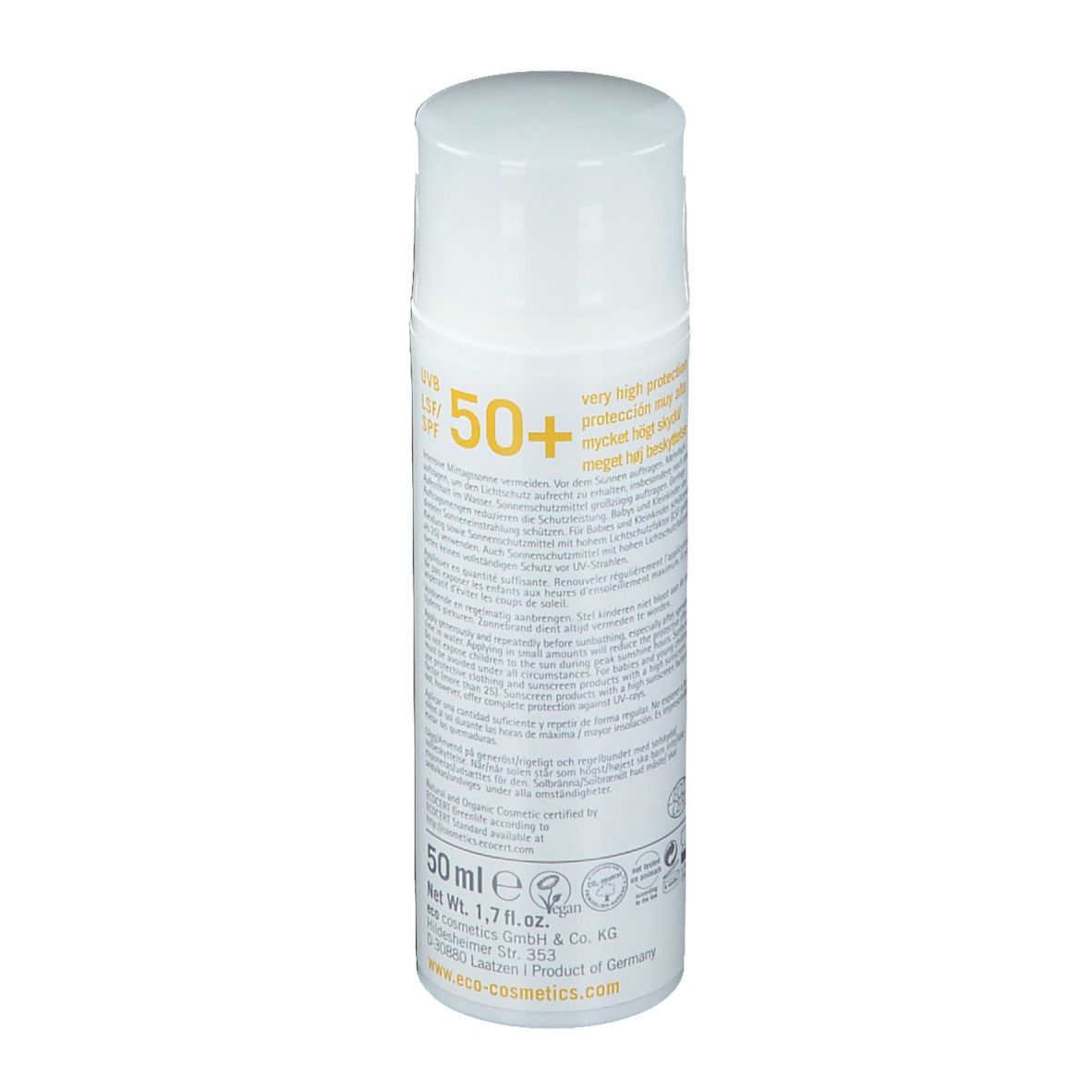 Weiße Sonnencreme-Flasche mit gelben Akzenten. Text: "eco cosmetics", "50 ml", "Product of Germany".