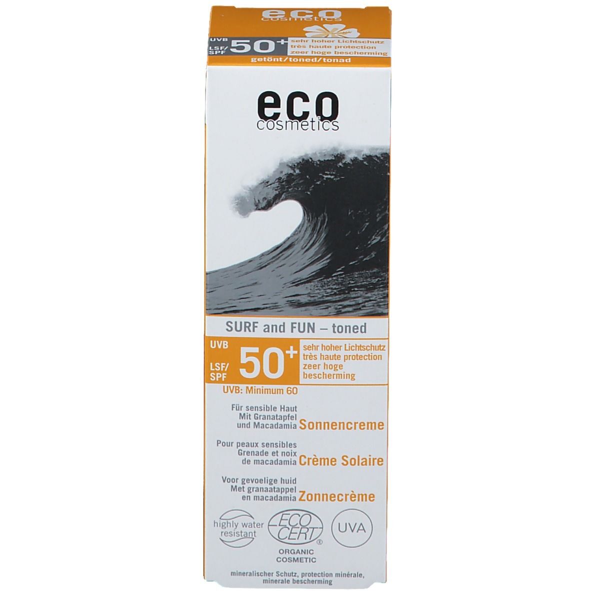 Verpackung der Sonnencreme. Text: "eco cosmetics", "SPF 50+", "Crème Solaire", "UVA", Wellenmotiv.