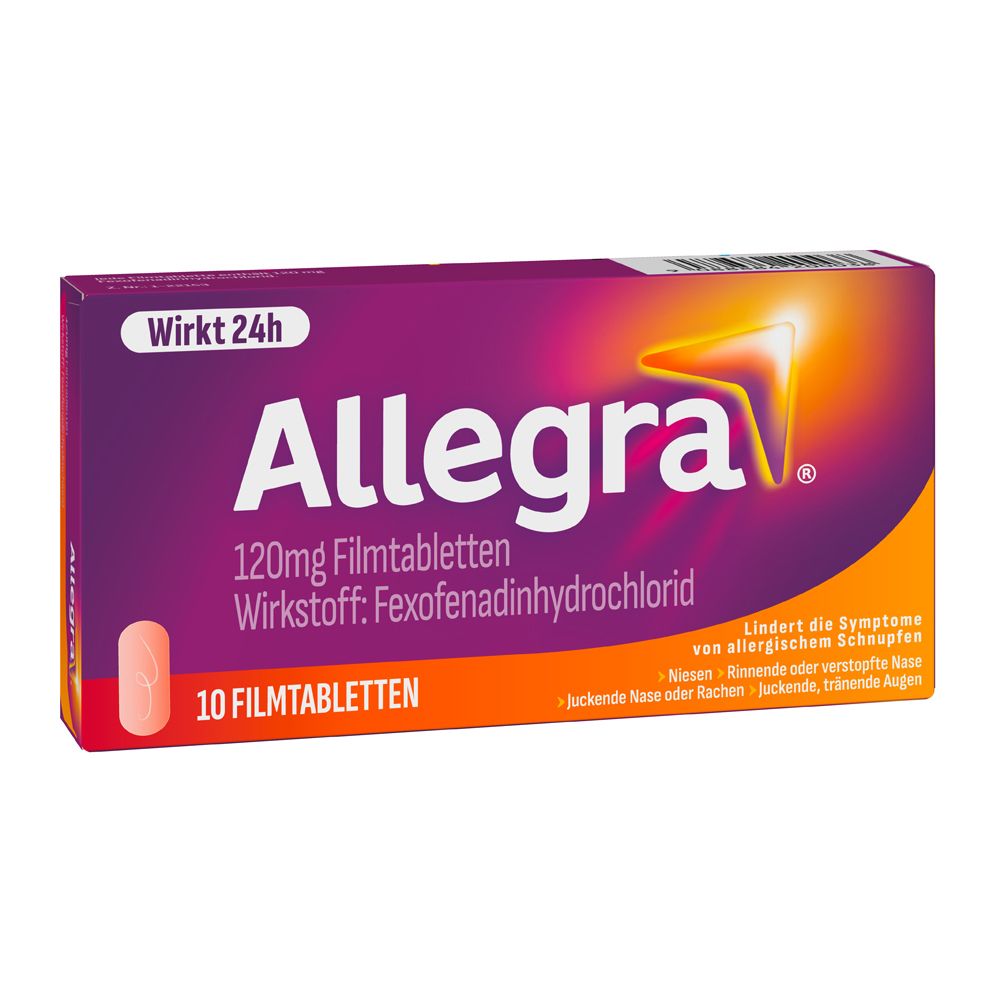Allegra 120mg Filmtabletten-Packung. Lila-orangefarbene Schachtel mit Produktnamen und Dosierung. 10 Tabletten.