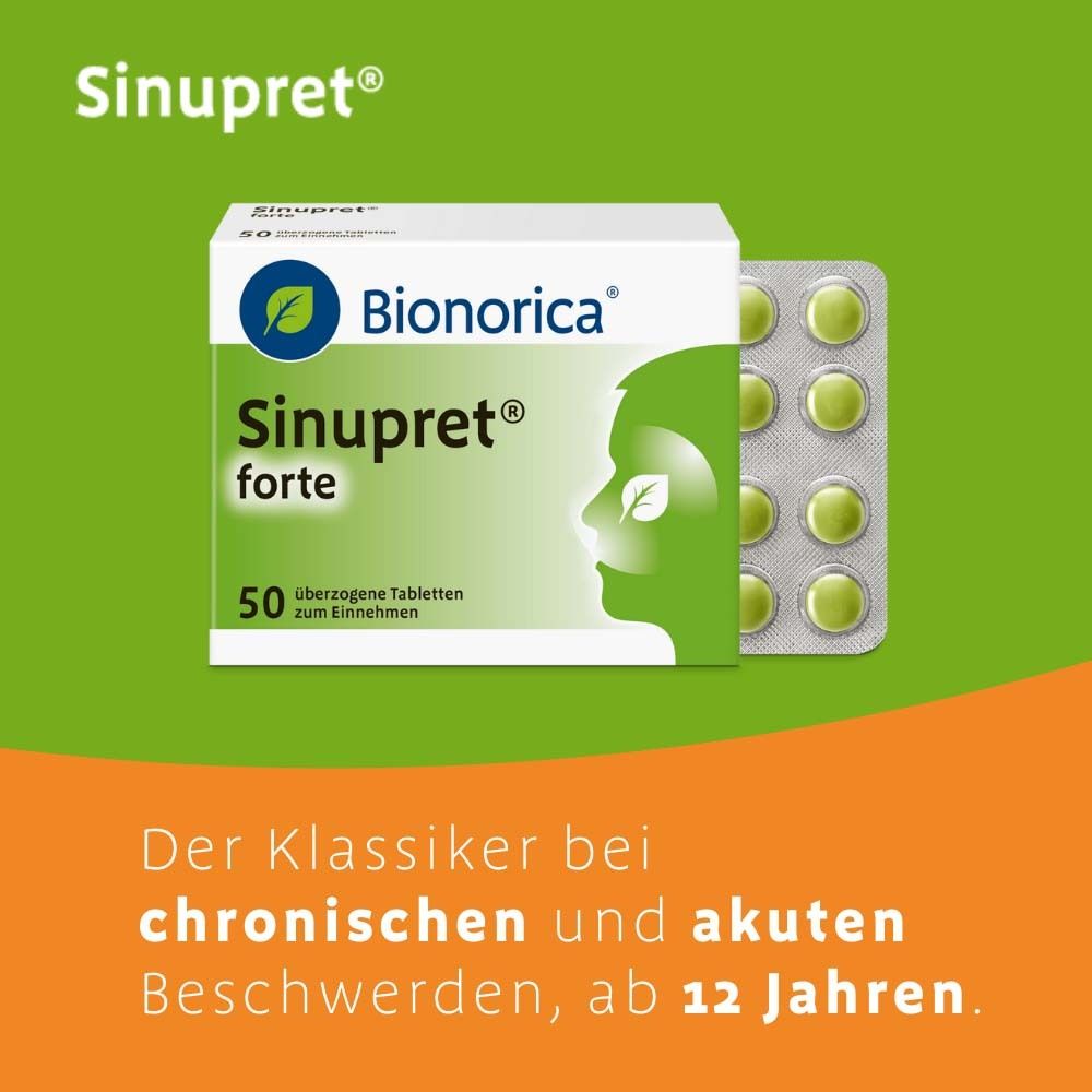 Packung Sinupret® forte mit Tabletten. Text: Der Klassiker bei chronischen und akuten Beschwerden, ab 12 Jahren.
