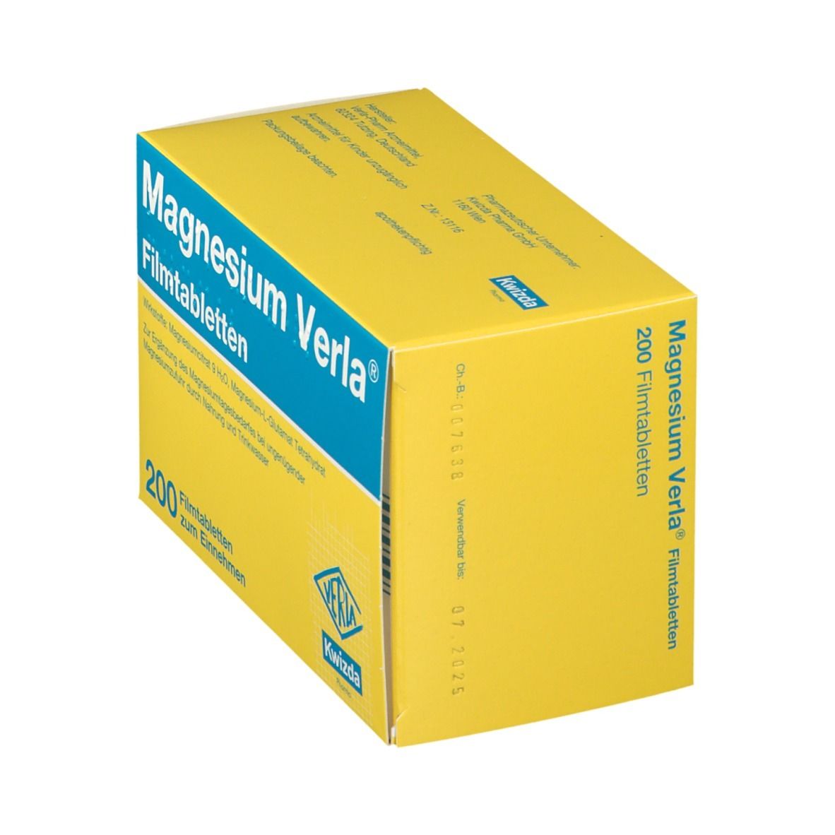 Magnesium Verla Filmtabletten 200 Stück. Gelbe Verpackung mit blauer Schrift.