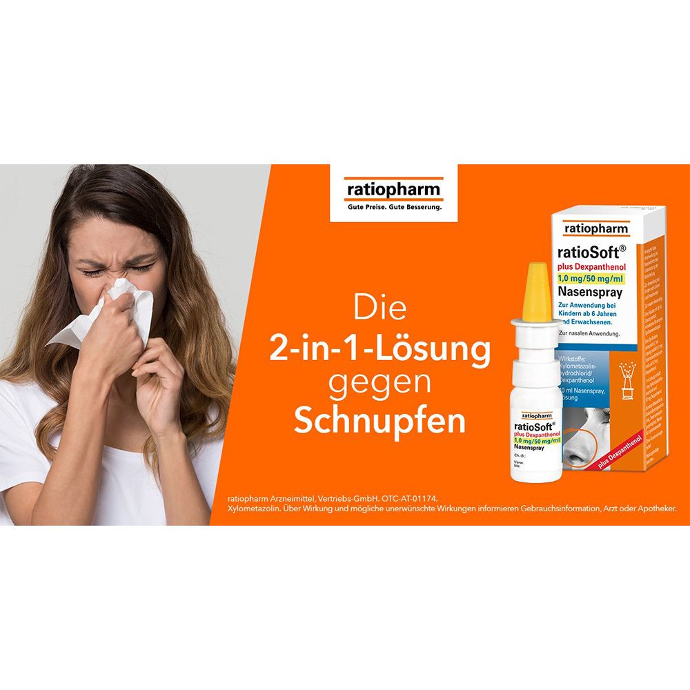 Frau mit Taschentuch. Neben ihr: Flasche Nasenspray. Enthält ratioSoft plus Dexpanthenol. Text auf Deutsch. Slogan.