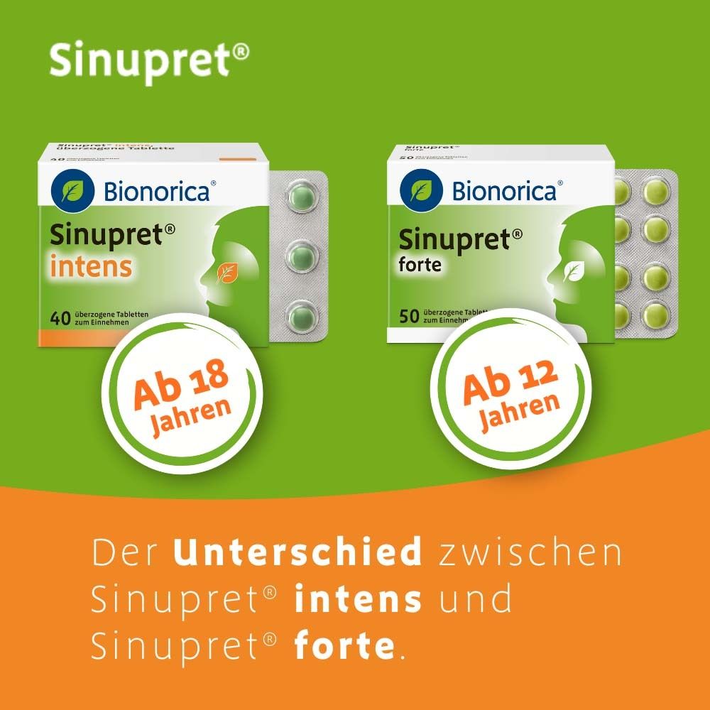 Vergleich Sinupret® intens und forte. Packungen und Blister. Text: Ab 18 Jahren, ab 12 Jahren.