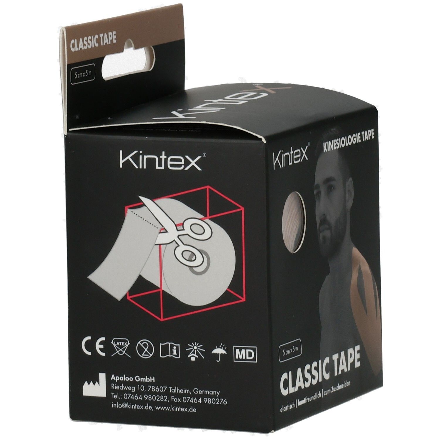 Kinesiologie Tape-Box. Aufschrift: CLASSIC TAPE, KINEX, 5cm x 5m. Schere und Tape-Rolle auf der Box abgebildet.