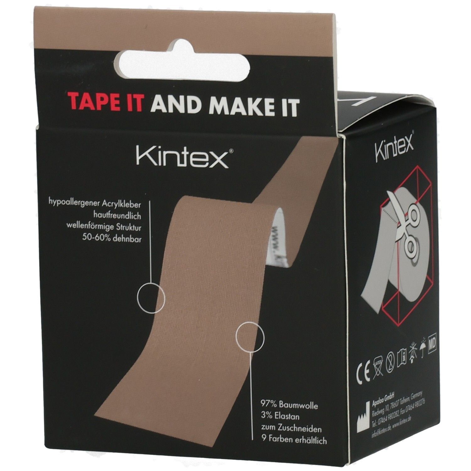 Kinesiologie Tape-Box. Aufschrift: TAPE IT AND MAKE IT, KINEX. Beige Tape-Rolle auf der Box abgebildet. Inhaltsangaben.