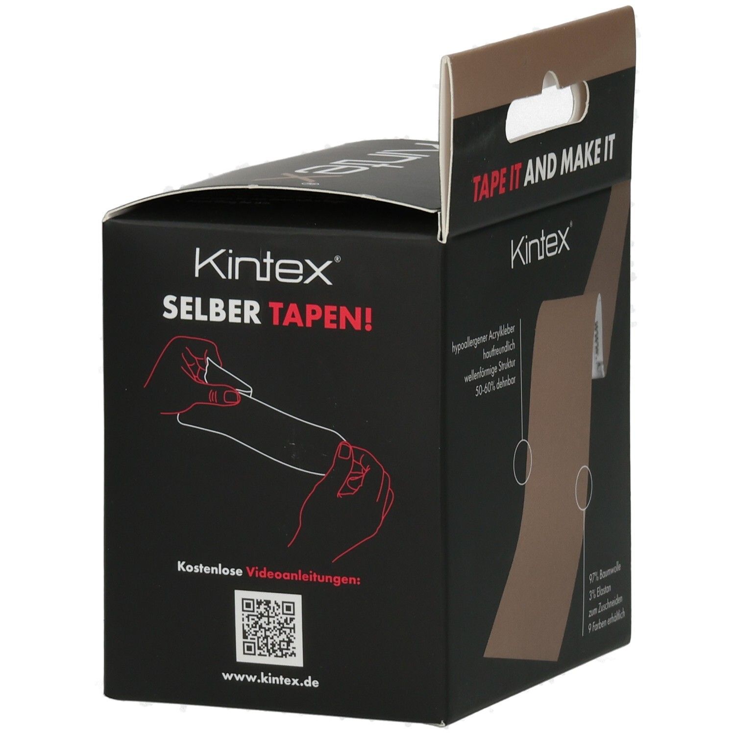 Kinesiologie Tape-Box. Aufschrift: SELBER TAPEN!, KINEX. Hände, die Tape anbringen, abgebildet. QR-Code.