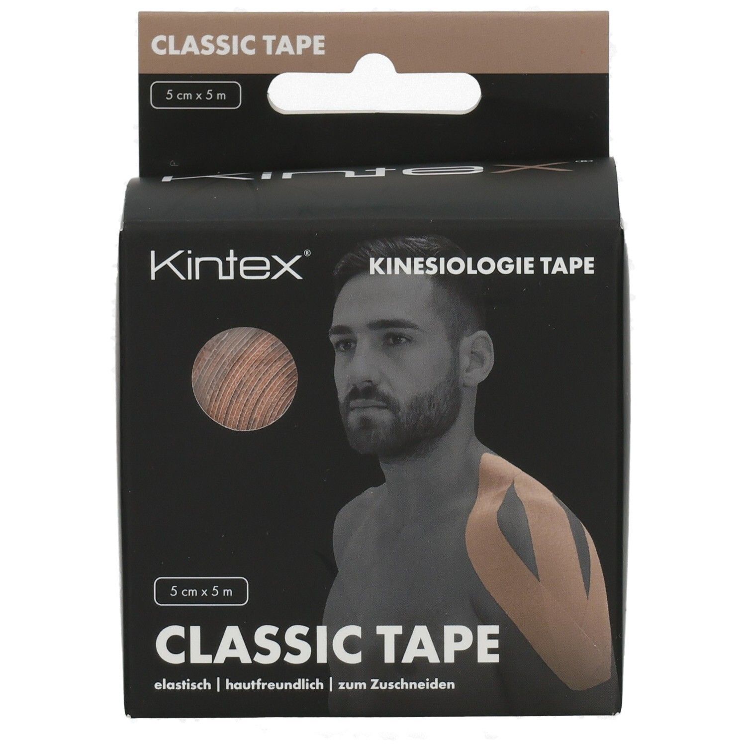 Kinesiologie Tape-Box. Aufschrift: CLASSIC TAPE, KINEX, 5cm x 5m. Beige Tape-Rolle auf der Box abgebildet.