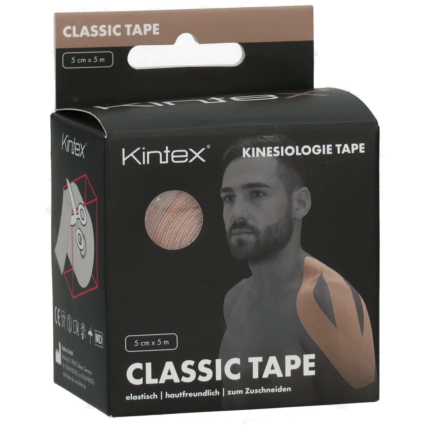 Kinesiologie Tape-Box. Aufschrift: CLASSIC TAPE, KINEX, 5cm x 5m. Schere und Tape-Rolle auf der Box abgebildet.