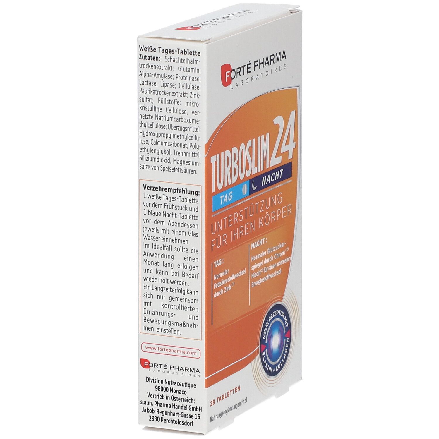 Weiße Tabletten-Packung. "Turboslim 24"-Logo. Text: Inhaltsstoffe, Verzehrempfehlung. 28 Tabletten. Orange-weißes Design. Marke: Forté Pharma.