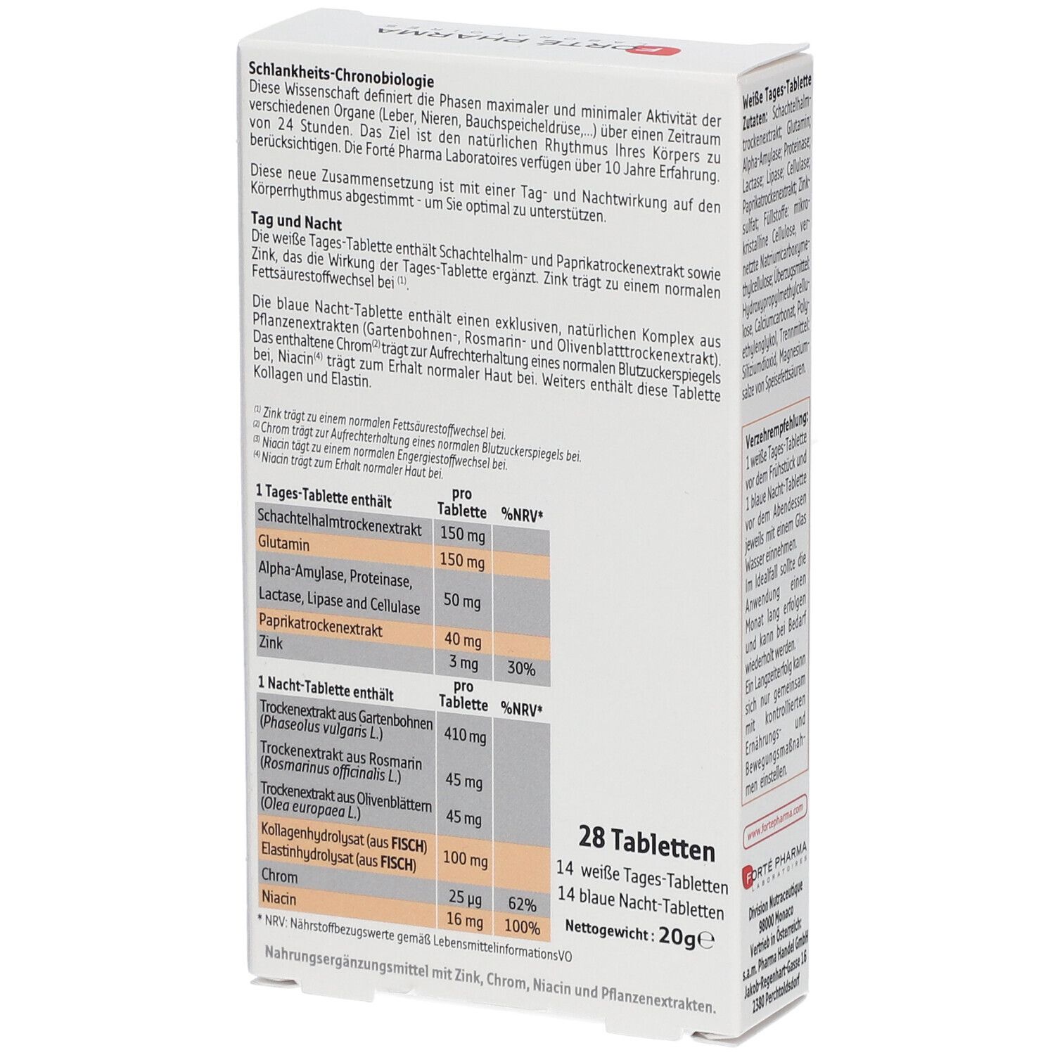 Rückseite der Tabletten-Packung. Text: Inhaltsstoffe, Nährwertangaben. 28 Tabletten. Marke: Forté Pharma. Orange-weißes Design. "Turboslim 24".