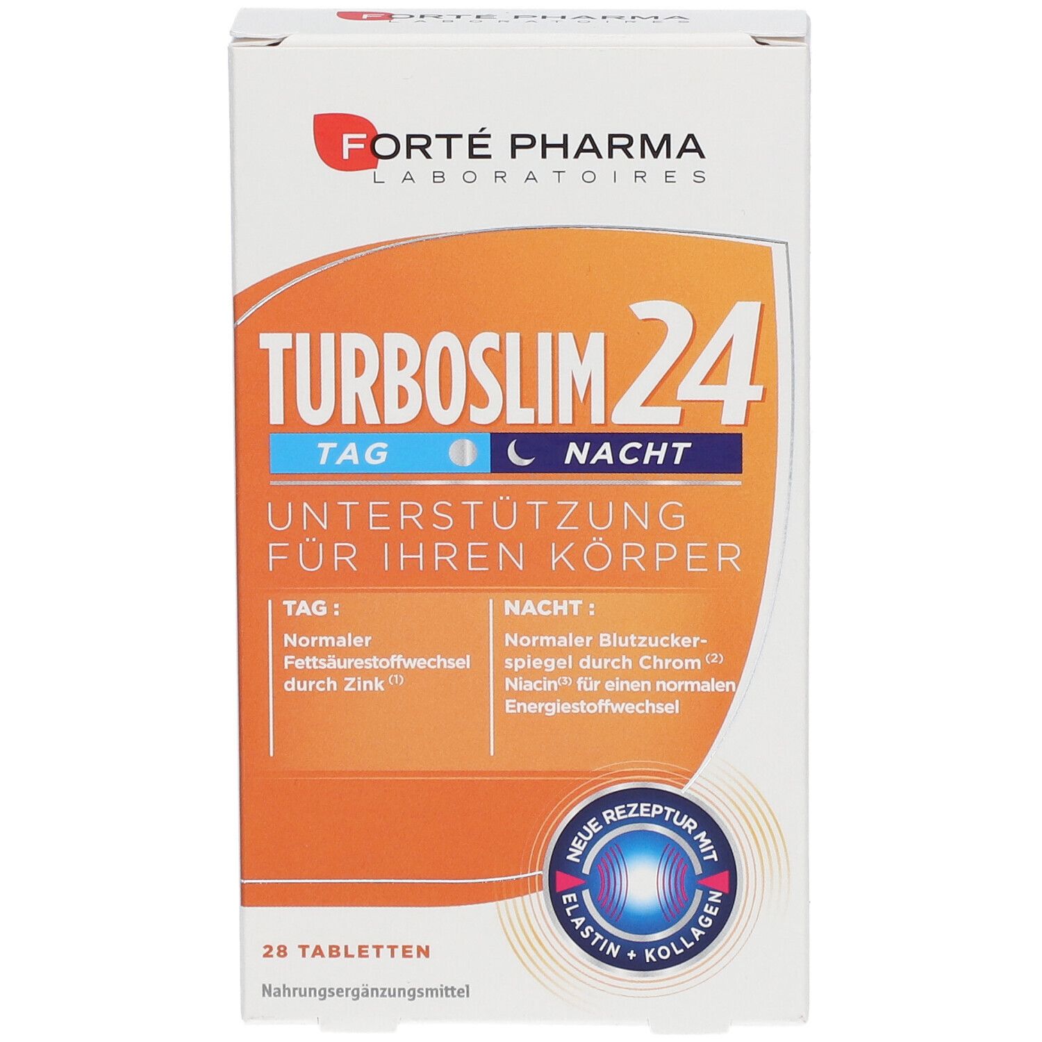 Tabletten-Packung. "Turboslim 24"-Logo. Text: "Tag", "Nacht", "Unterstützung für Ihren Körper". 28 Tabletten. Orange-weißes Design.