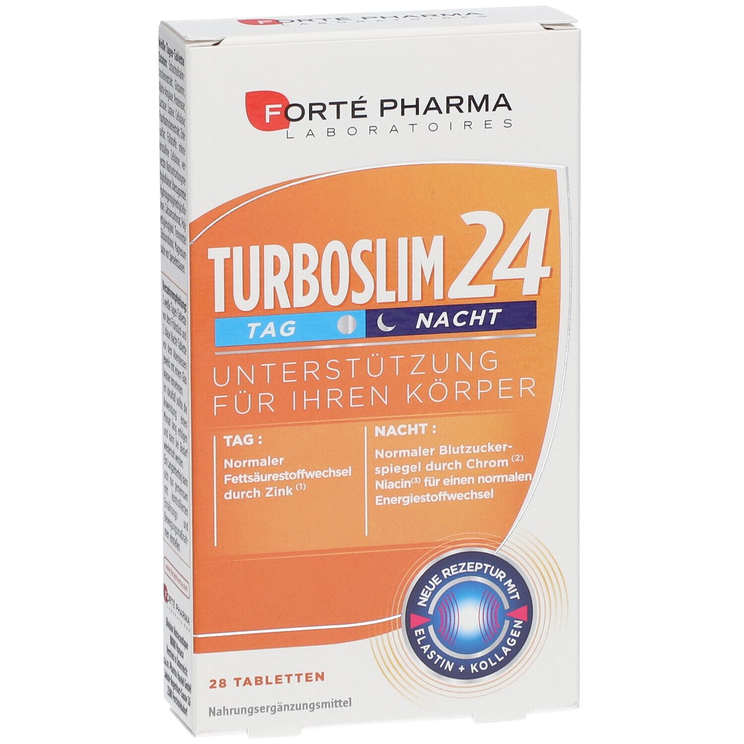 Tabletten-Packung. "Turboslim 24"-Logo. Text: "Tag", "Nacht", "Unterstützung für Ihren Körper". 28 Tabletten. Orange-weißes Design.