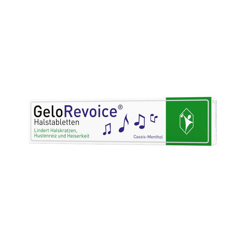 GeloRevoice Halstabletten Cassis-Menthol Packung mit Noten und Logo.