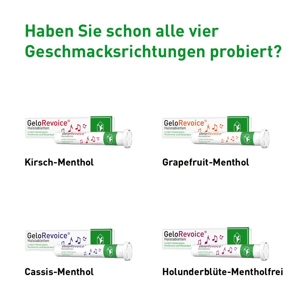 Vier GeloRevoice Halstabletten Sorten: Kirsch, Grapefruit, Cassis, Holunderblüte.
