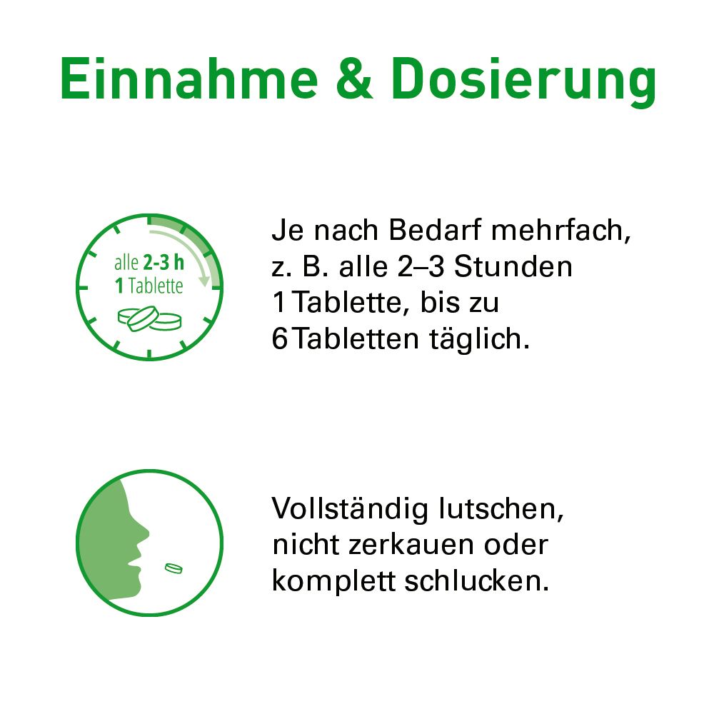 Anwendung und Dosierung von GeloRevoice Halstabletten: 1 Tablette alle 2-3 Std.