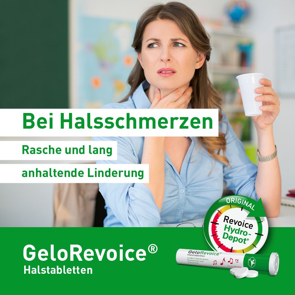 Frau mit Halsschmerzen, GeloRevoice Halstabletten für schnelle Linderung.