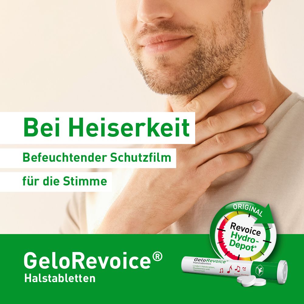 Mann mit Heiserkeit, GeloRevoice Halstabletten für befeuchteten Stimmfilm.