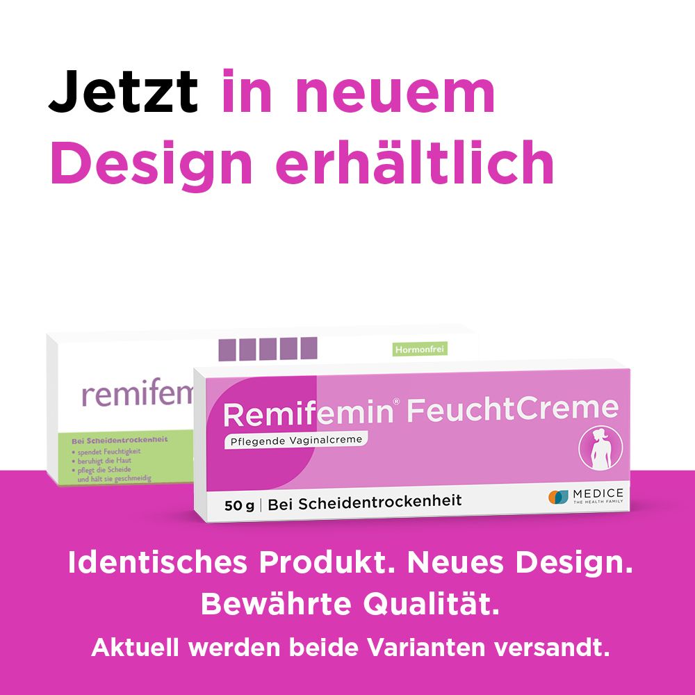 Werbung: „Jetzt in neuem Design erhältlich“. Zwei Schachteln Remifemin FeuchtCreme. Text: Identisches Produkt. Neues Design. Bewährte Qualität.