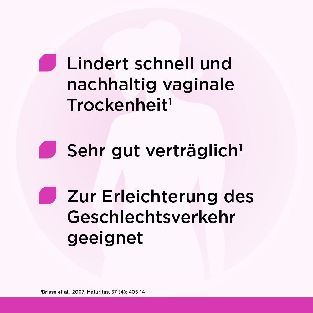 Kreisförmige Grafik mit Text: Lindert schnell und nachhaltig vaginale Trockenheit. Sehr gut verträglich. Zur Erleichterung des Geschlechtsverkehrs geeignet.
