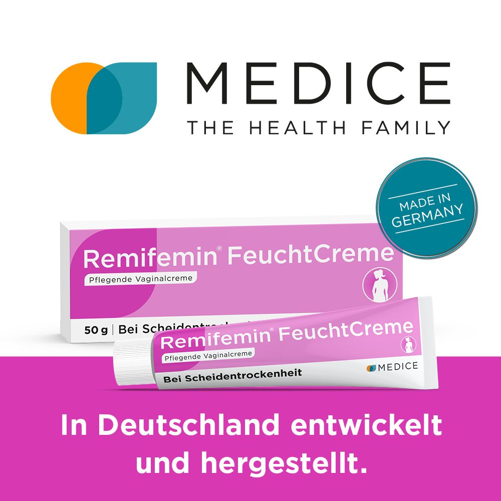 Produktabbildung: Remifemin FeuchtCreme. Text: In Deutschland entwickelt und hergestellt. Logo: MEDICE. Made in Germany.