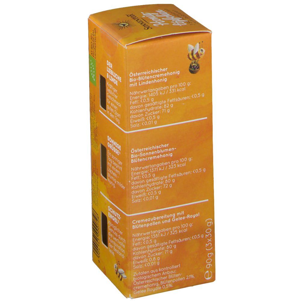 Seite der Honigtöpfchen-Verpackung. Informationen zu den Inhaltsstoffen und Nährwerten. Bio-Siegel.