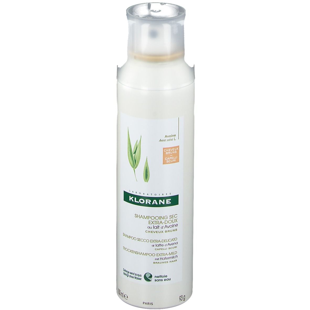 Weißes Spray mit transparentem Deckel. Aufschrift: Klorane, Trockenshampoo mit Hafermilch. Abbildung von Haferblättern.