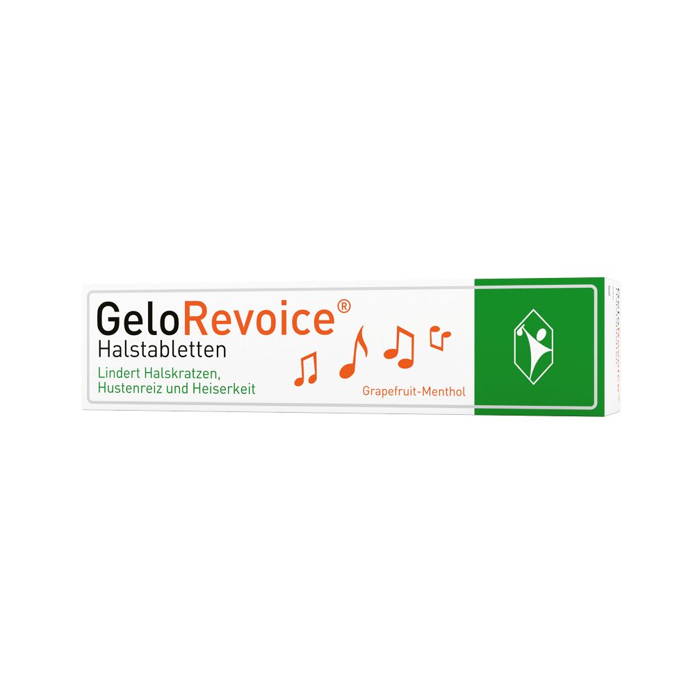 GeloRevoice Halstabletten Grapefruit-Menthol Packung mit Noten und Logo.