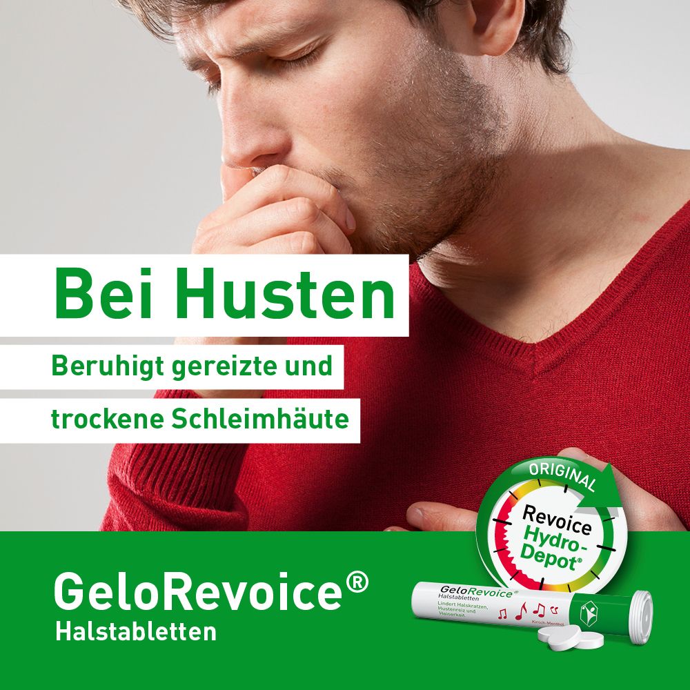 Mann mit Husten hält GeloRevoice Hydro Depot.