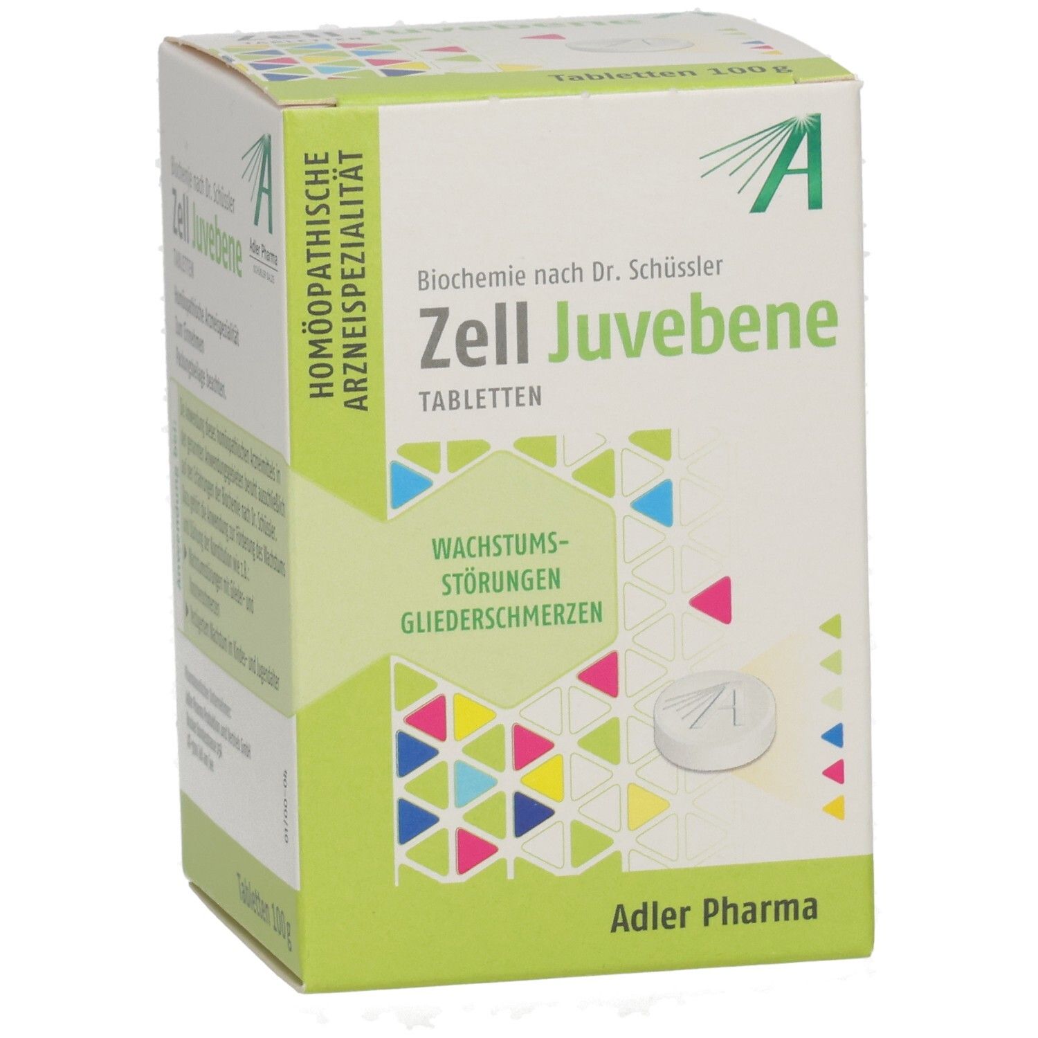 Schachtel mit Zell Juvebene Tabletten. Grün-weißes Design, Adler Pharma Logo. Text: Wachstumsstörungen, Gliederschmerzen.