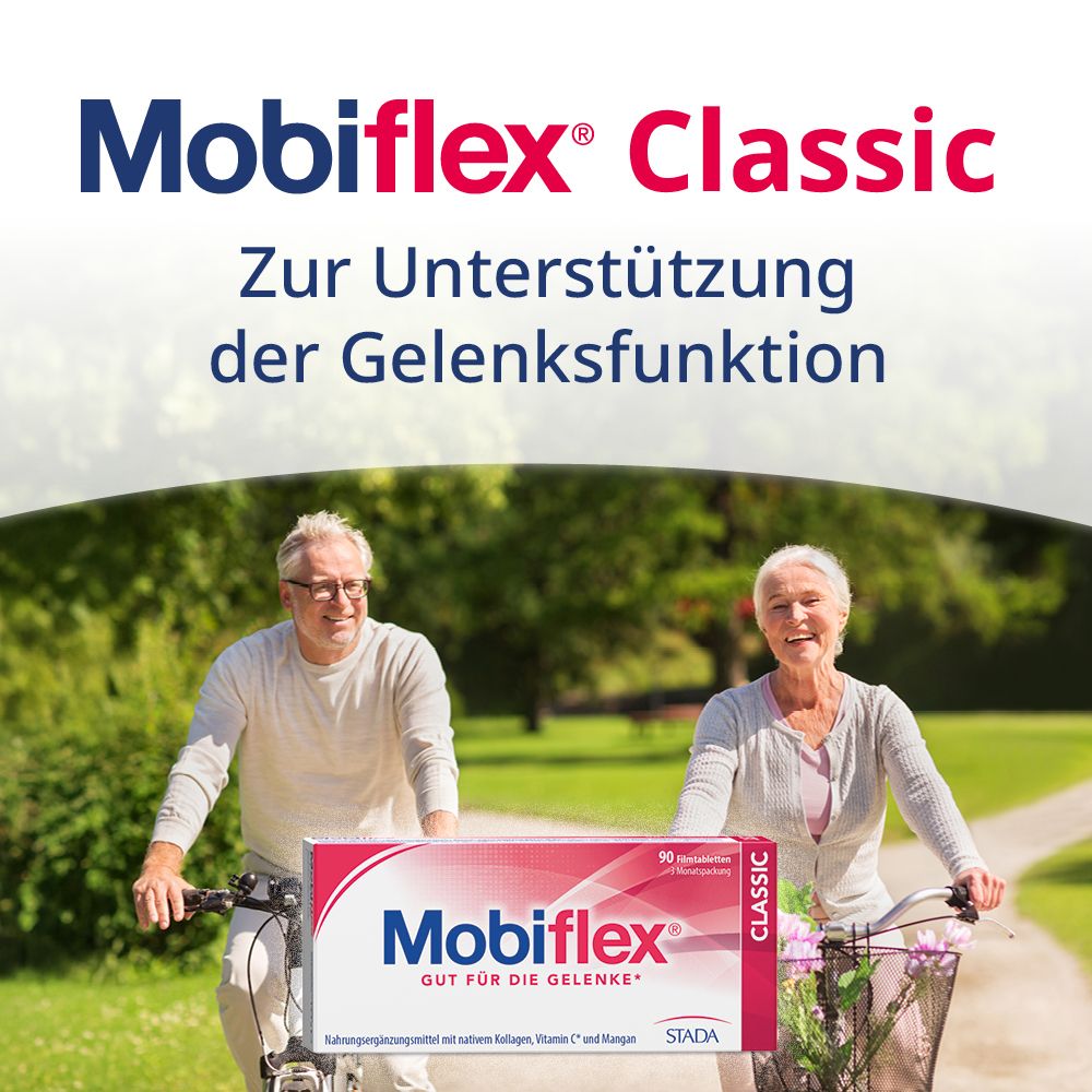Werbebild mit älteren Menschen auf Fahrrädern. Mobiflex Classic-Verpackung im Vordergrund. Text: Zur Unterstützung der Gelenkfunktion.