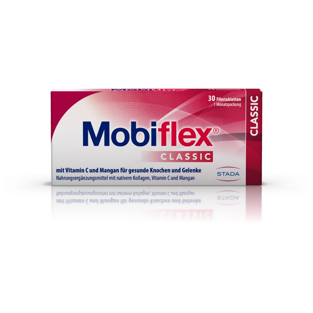 Mobiflex Classic Filmtabletten-Packung. Rote und weiße Schachtel mit Produktnamen und Inhaltsstoffen.