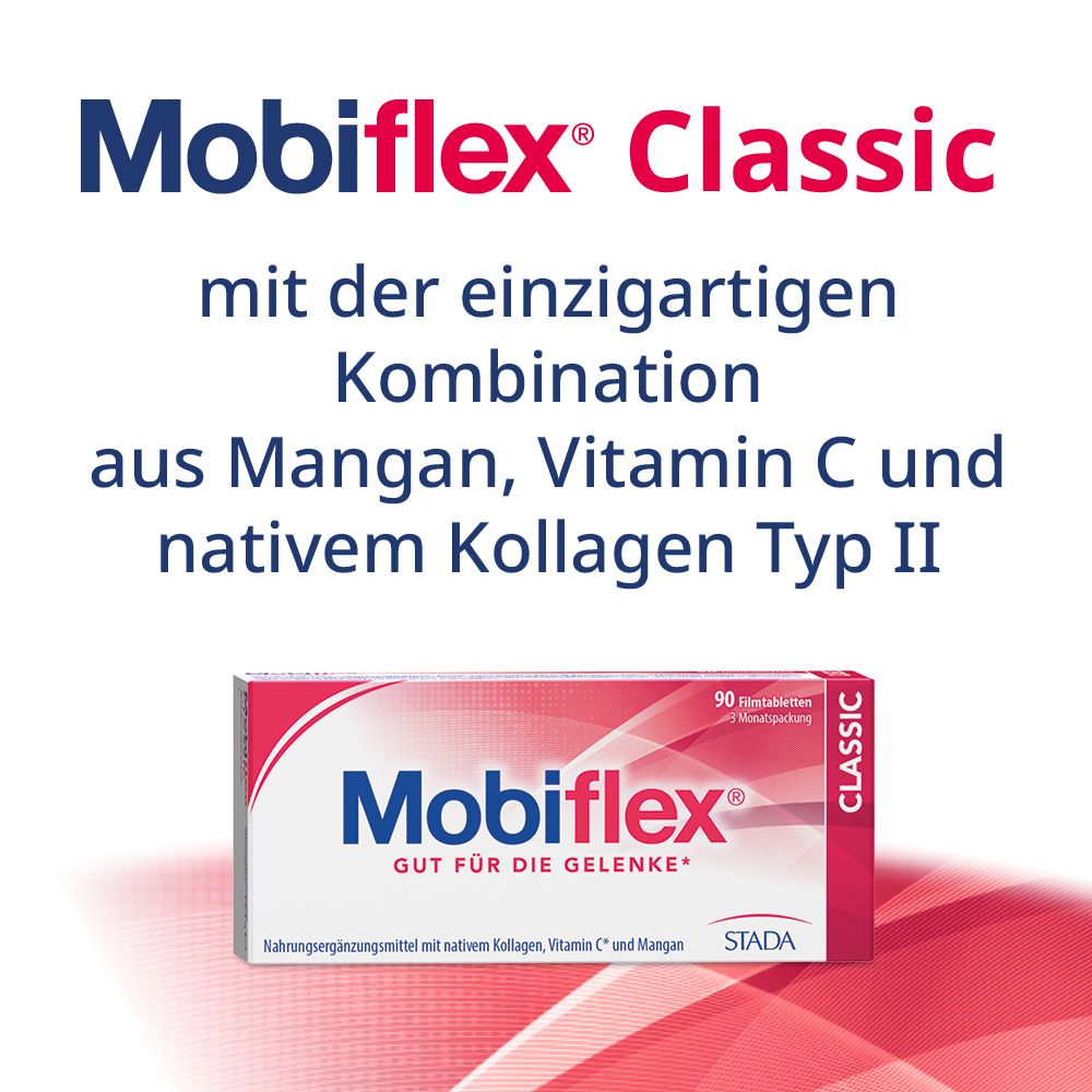 Mobiflex Classic-Packung. Text: Mit der einzigartigen Kombination aus Mangan, Vitamin C und nativem Kollagen Typ II.