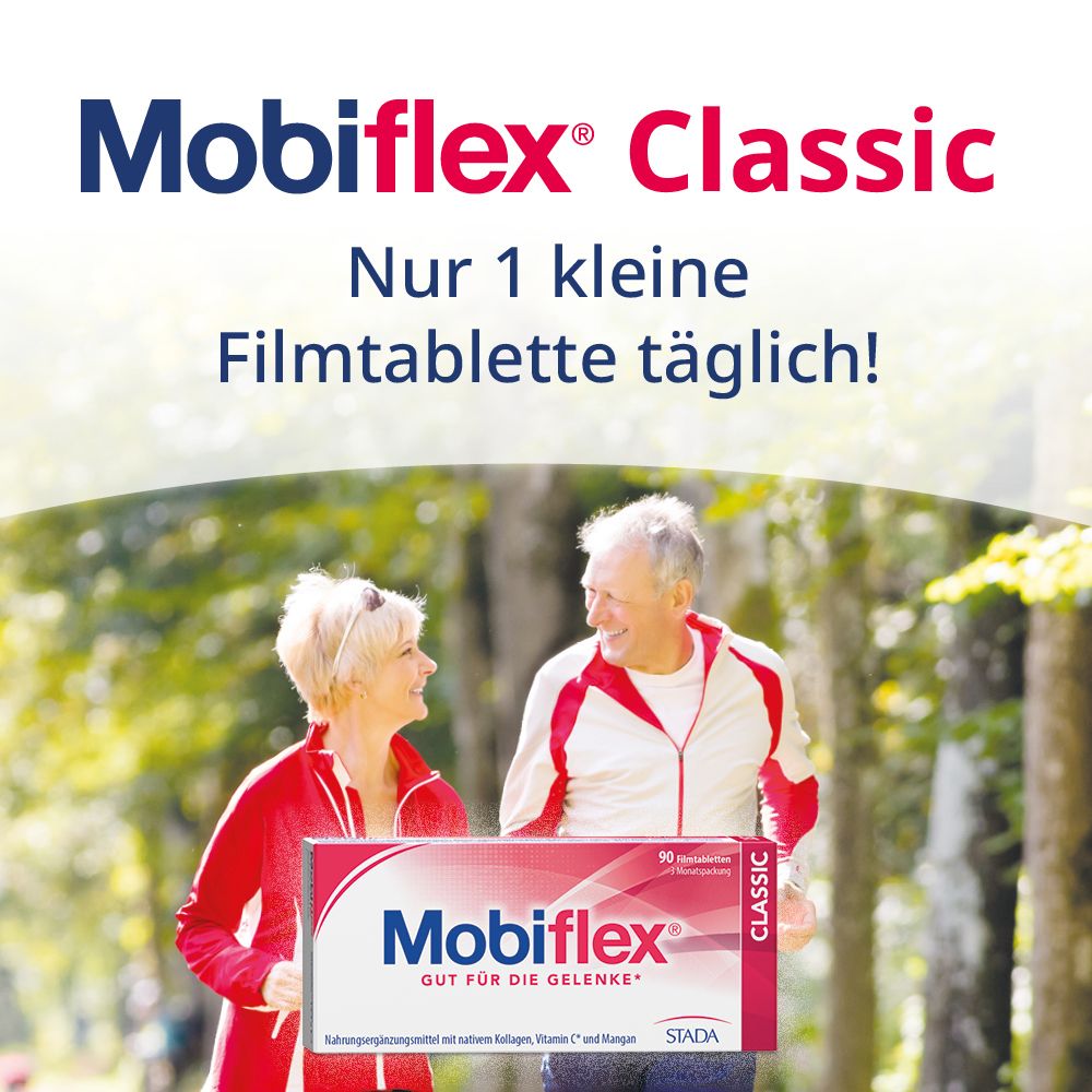 Älteres Paar geht. Mobiflex Classic-Packung. Text: Nur 1 kleine Filmtablette täglich!