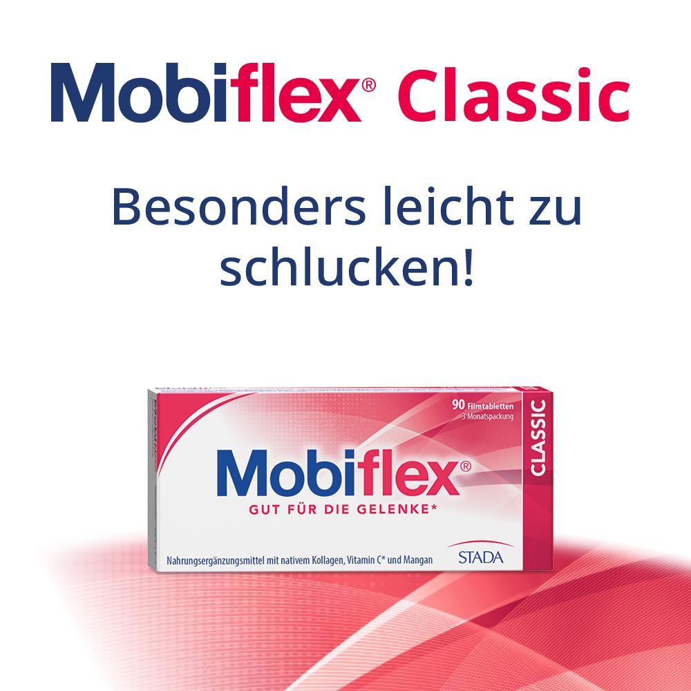 Mobiflex Classic-Packung. Text: Besonders leicht zu schlucken!
