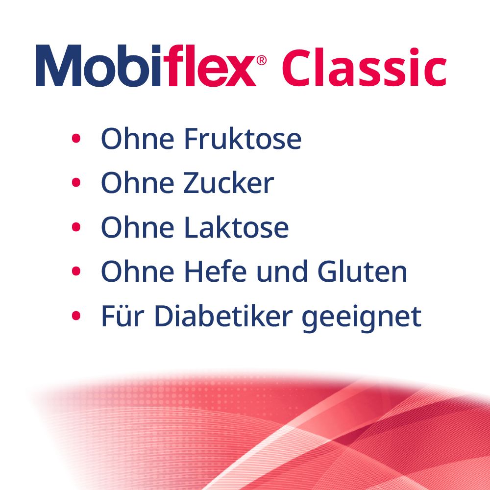Mobiflex Classic. Auflistung: Ohne Fruktose, Zucker, Laktose, Hefe und Gluten. Für Diabetiker geeignet.