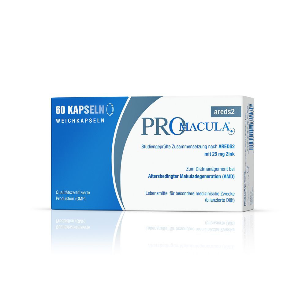 PRO MACULA® areds2-Packung. 60 Kapseln. Blaue und weiße Verpackung. Text: Studiengeprüfte Zusammensetzung nach AREDS2 mit 25 mg Zink.