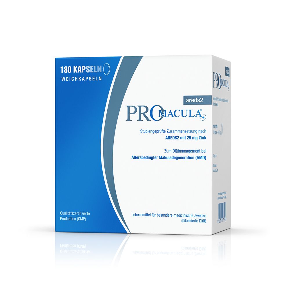 PRO MACULA® areds2-Verpackung. Weiße Schachtel mit blauer Akzentfarbe. Enthält 180 Kapseln. Aufdrucke: AREDS2, Zink, GMP-Zertifizierung.