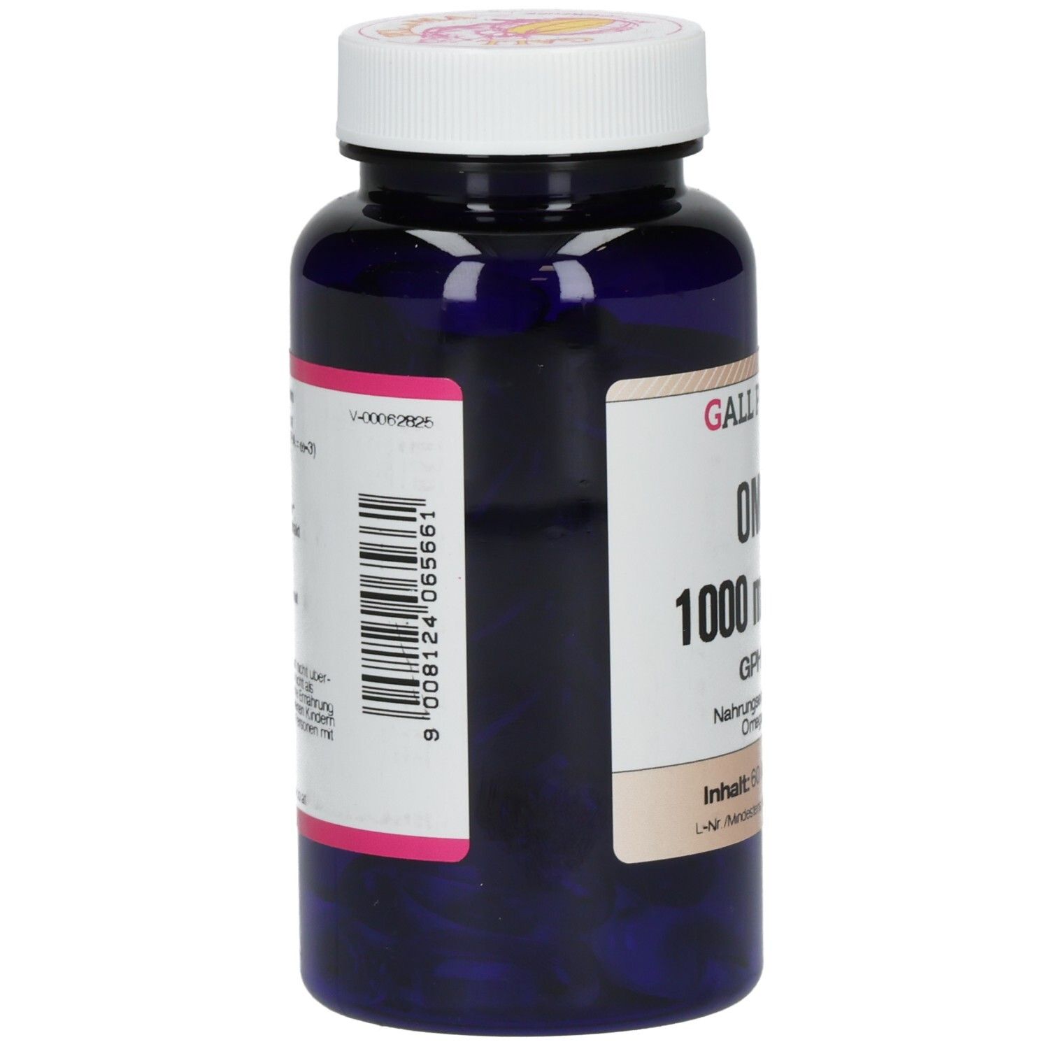 Dunkelblaue Flasche mit weißem Deckel. Barcode und Text auf Etikett. GALL PHARMA Omega 3.