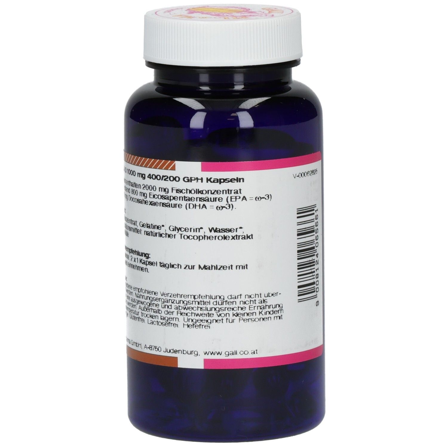 Dunkelblaue Flasche mit weißem Deckel. Text auf Etikett: GALL PHARMA Omega 3. Inhaltsstoffe und Verzehrempfehlung.