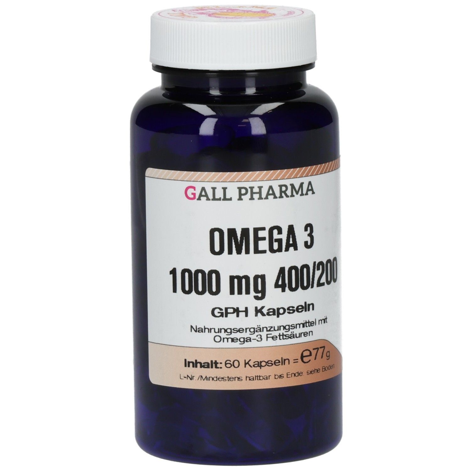 Dunkelblaue Flasche mit weißem Deckel. Aufschrift: GALL PHARMA Omega 3 1000 mg 400/200. 60 Kapseln.