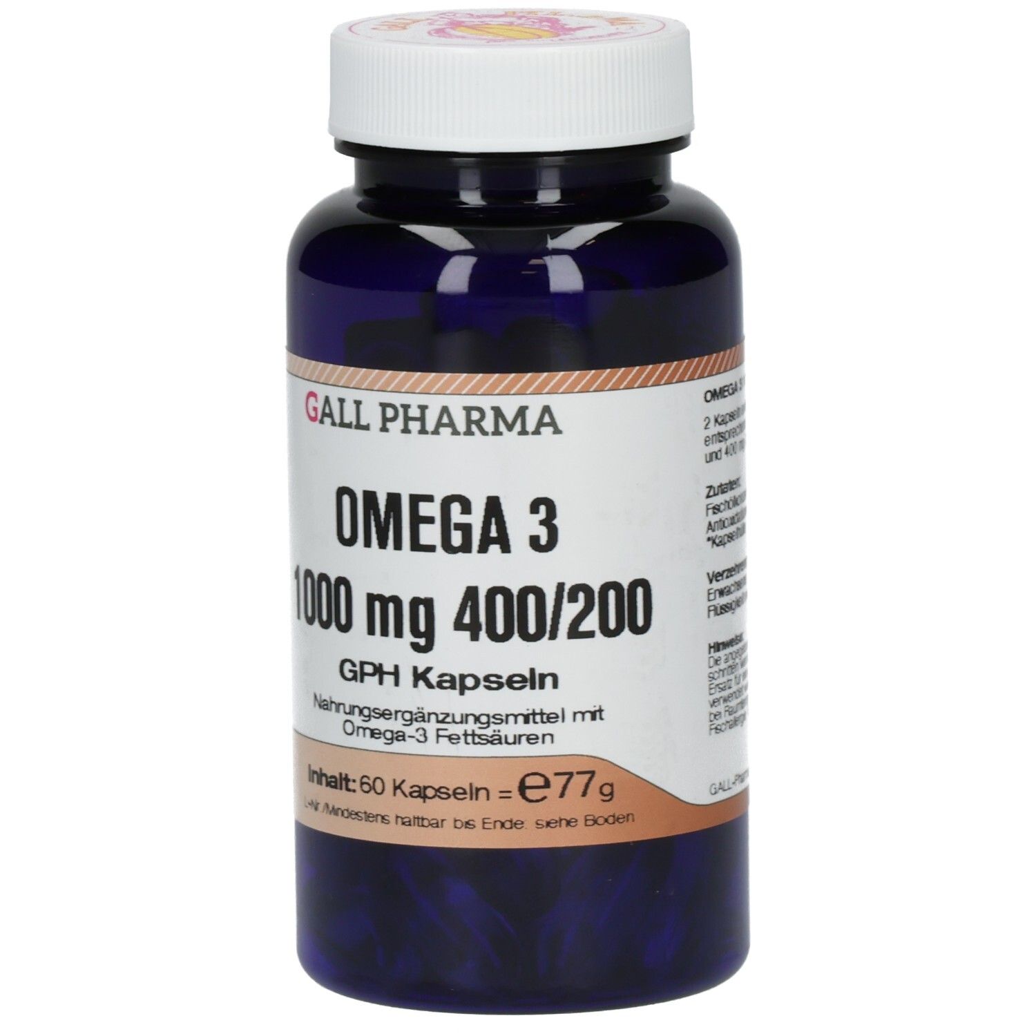 Dunkelblaue Flasche mit weißem Deckel. Aufschrift: GALL PHARMA Omega 3 1000 mg 400/200. Text auf Etikett.