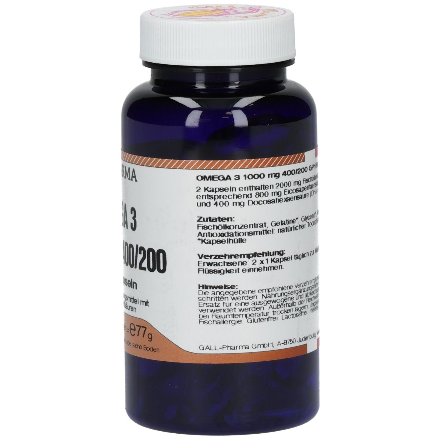 Dunkelblaue Flasche mit weißem Deckel. Text auf Etikett: GALL PHARMA Omega 3. Inhaltsstoffe und Verzehrempfehlung.