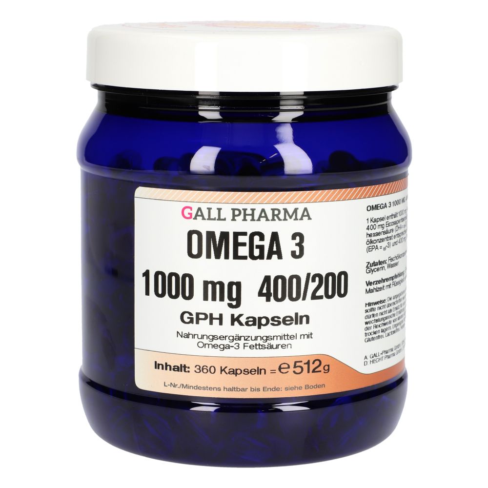 Blaue Dose mit weißen Deckel. Aufschrift: GALL PHARMA Omega 3 1000 mg 400/200 GPH Kapseln. 360 Kapseln.