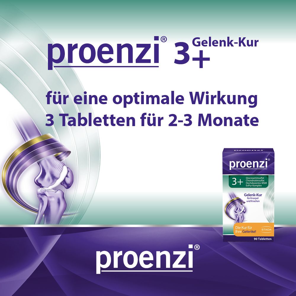 Proenzi 3+ Tabletten-Packung. Text: für eine optimale Wirkung 3 Tabletten für 2-3 Monate. 90 Tabletten.