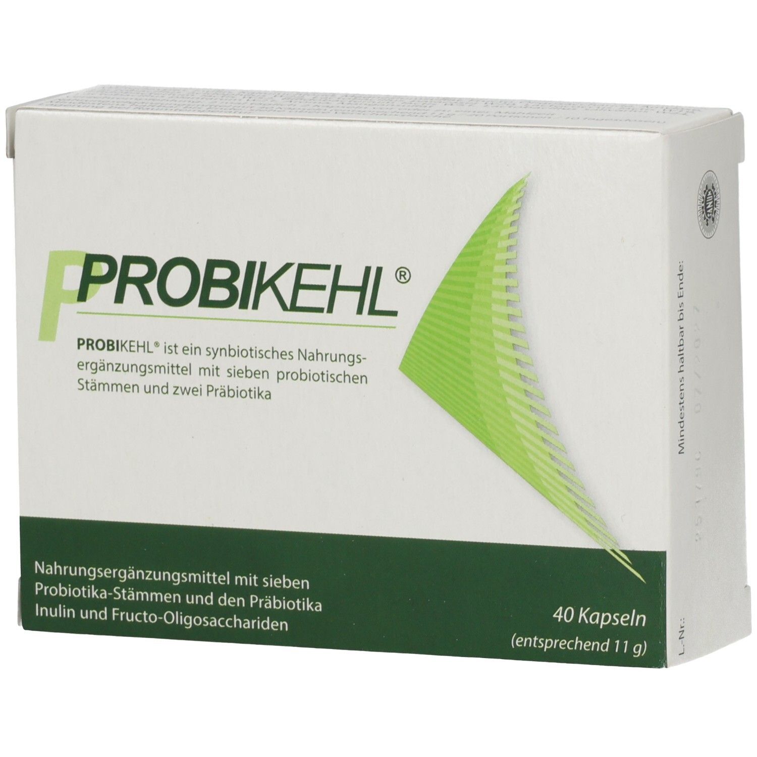 Weiße Schachtel mit PROBIKEHL-Logo und grüner Grafik. Enthält 40 Kapseln. Text: Nahrungsergänzungsmittel mit sieben Probiotika.